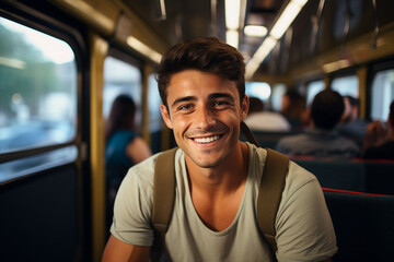 AI generated image of attractive handsome man riding in bus