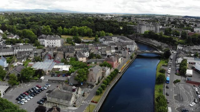 Drone of a Nore river in a town