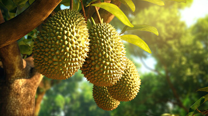 ripe durian fruits are hanging on a tropical tree in the garden - obrazy, fototapety, plakaty
