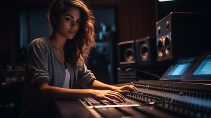 Portrait of woman in sound recording studio, AI Generated