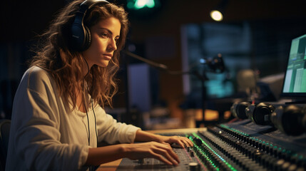 Fototapeta na wymiar Portrait of woman in sound recording studio, AI Generated