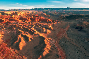 Red desert Boguty Mountains in Almaty region, in Kazakhstan.
