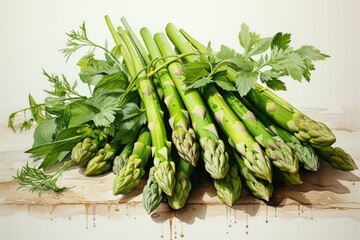 Set of watercolor asparagus on white. AI Generated