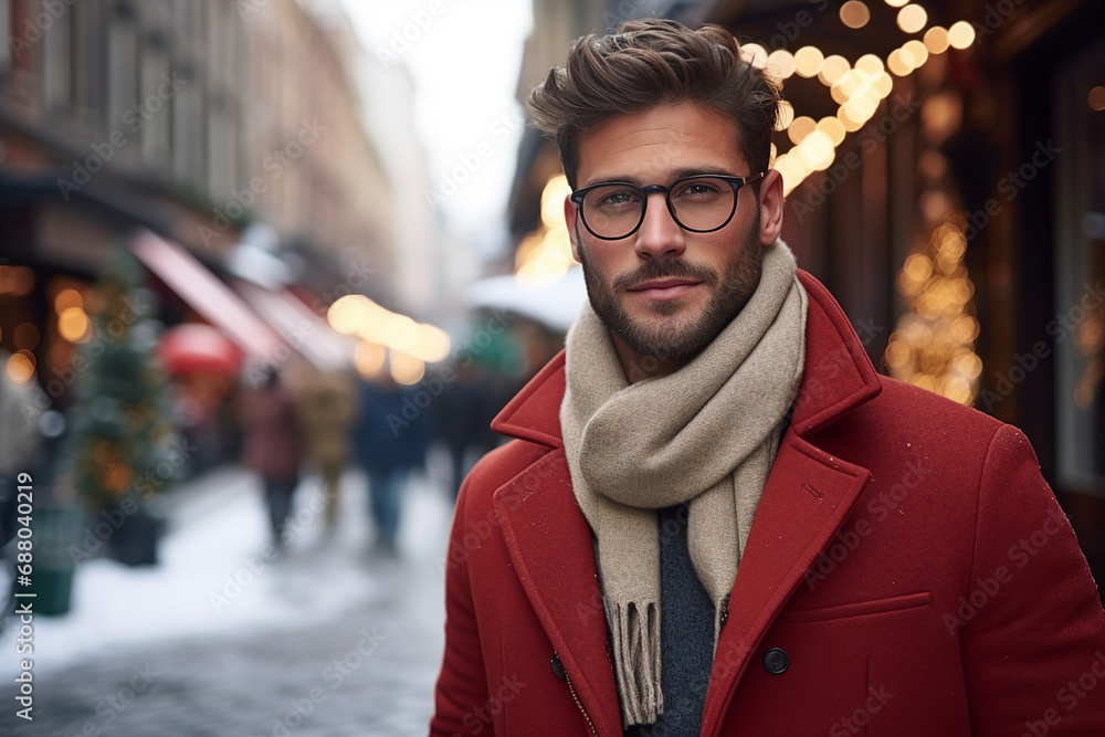 Wall mural Generative AI portrait of attractive bearded man standing over new year decorations snowy city winter fair