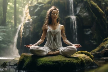 Gordijnen Young woman practicing breathing yoga pranayama outdoors in moss forest on a backdrop of waterfall. Unity with nature concept. © MNStudio