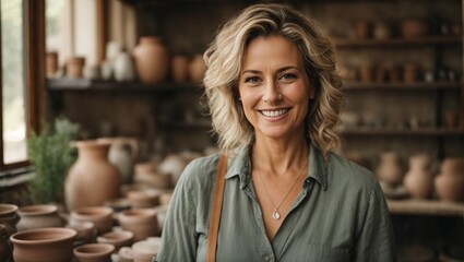 Portrait of caucasian middle age female small business owner smiling at camera while posing in pottery workshop
 - Powered by Adobe