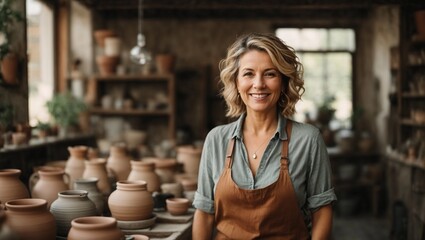 Portrait of caucasian middle age female small business owner smiling at camera while posing in pottery workshop
