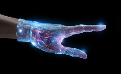Human hand wearing glowing digital holographic glove on black background with copy space - obrazy, fototapety, plakaty