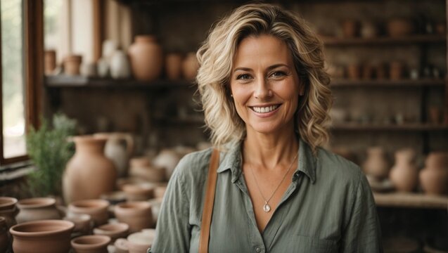 Portrait Of Caucasian Middle Age Female Small Business Owner Smiling At Camera While Posing In Pottery Workshop
