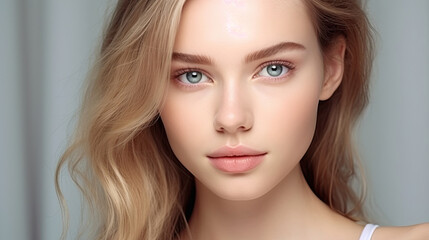 Naklejka premium Close up portrait of beautiful face young female model with fresh clean skin and healthy skin for Cosmetology, beauty and spa
