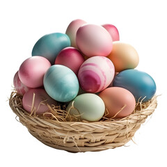 Colorful Easter eggs in a wicker basket on white