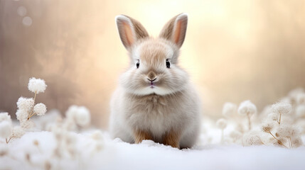 Adorable cute bunny rabbit on a plain background with flowers and leaves created with Generative AI technology