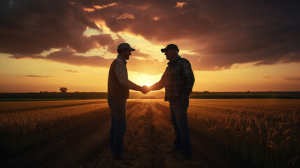 Fototapeta na wymiar Two happy farmers in silhouette shaking hands together with sunset over wheat field, AI Generated
