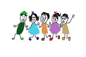 Hand drawn picture of colorful human cartoons characters. Concept, happy time with friends. Illustration for using as teaching aids or design for decoration. Love and friendships.