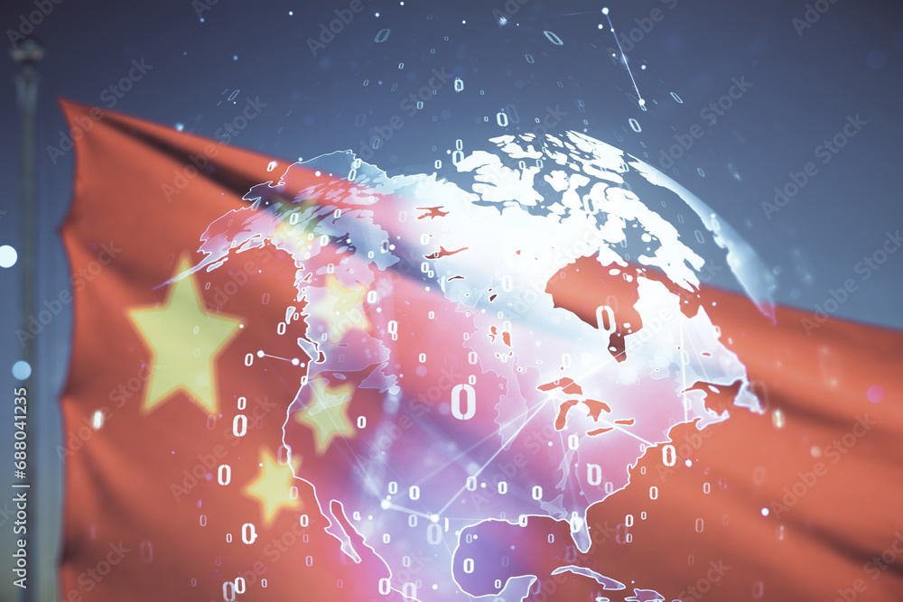 Poster multi exposure of abstract programming language hologram and world map on flag of china and blue sky