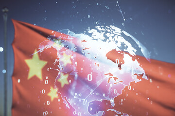 Multi exposure of abstract programming language hologram and world map on flag of China and blue sky background, artificial intelligence and neural networks concept