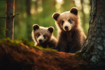 Obraz premium Generative ai image group of baby brown wild bears walk in forest