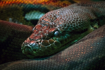 Close up portrait of a python, a non-venomous snake lying in the dark