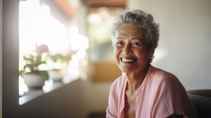 Beautiful older senior woman grandmother smiling cheerfully reflecting life full of love, AI Generated