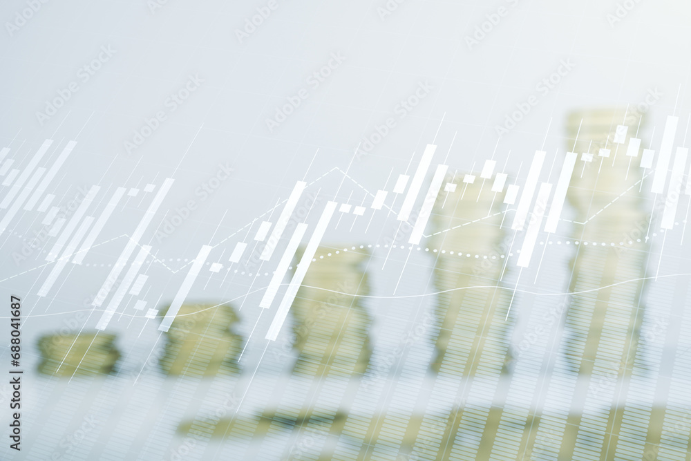 Poster multi exposure of abstract virtual financial graph hologram on stacks of coins background, forex and