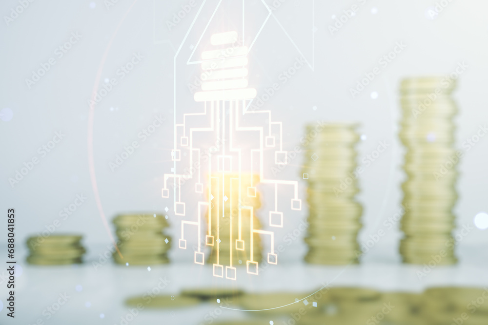 Poster virtual creative light bulb with chip hologram on growing coins stacks background, artificial intell