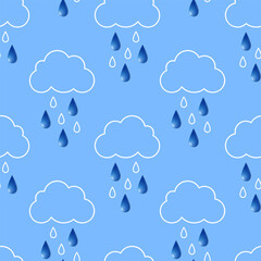 Rainy sky, white clouds and rain drops on blue background. Vector seamless pattern. Best for textile, home decor, wallpapers, wrapping paper, package and your design.