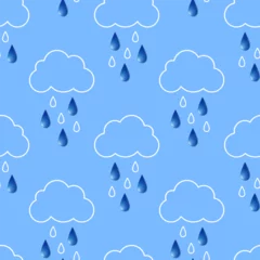 Schilderijen op glas Rainy sky, white clouds and rain drops on blue background. Vector seamless pattern. Best for textile, home decor, wallpapers, wrapping paper, package and your design. © maksin_priestess