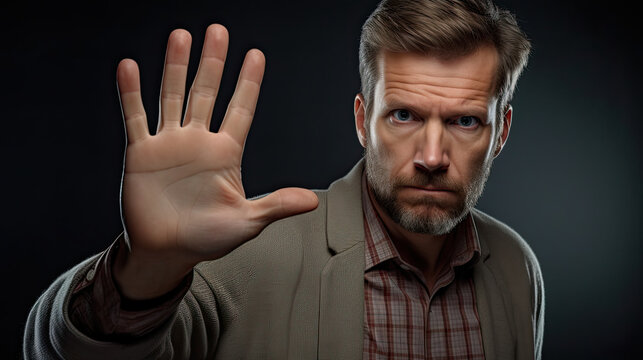 Caucasian man with dissatisfied expression says no with open palm facing forward created with Generative AI technology