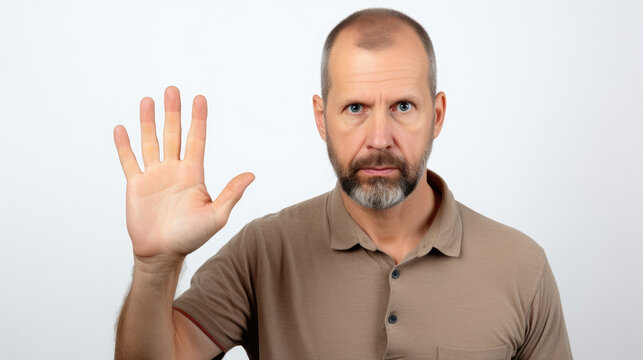Caucasian man with dissatisfied expression says no with open palm facing forward isolated on white background created with Generative AI technology