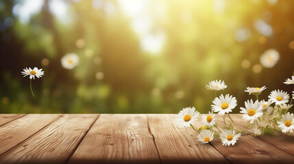 Wooden surface background with blurred daisy garden background, natural light, nature. Innovative AI. - obrazy, fototapety, plakaty
