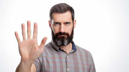 Obraz premium Caucasian man with dissatisfied expression says no with open palm facing forward isolated on white background