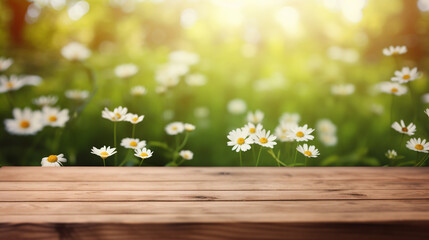 Wooden surface background with blurred daisy garden background, natural light, nature. Innovative AI. - obrazy, fototapety, plakaty