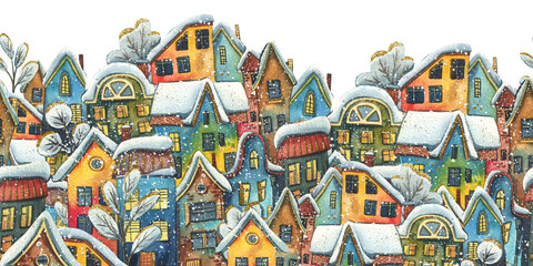 Panorama of the old city with houses. Hand drawn watercolor illustration. Seamless border for New Year, winter and Christmas decor.