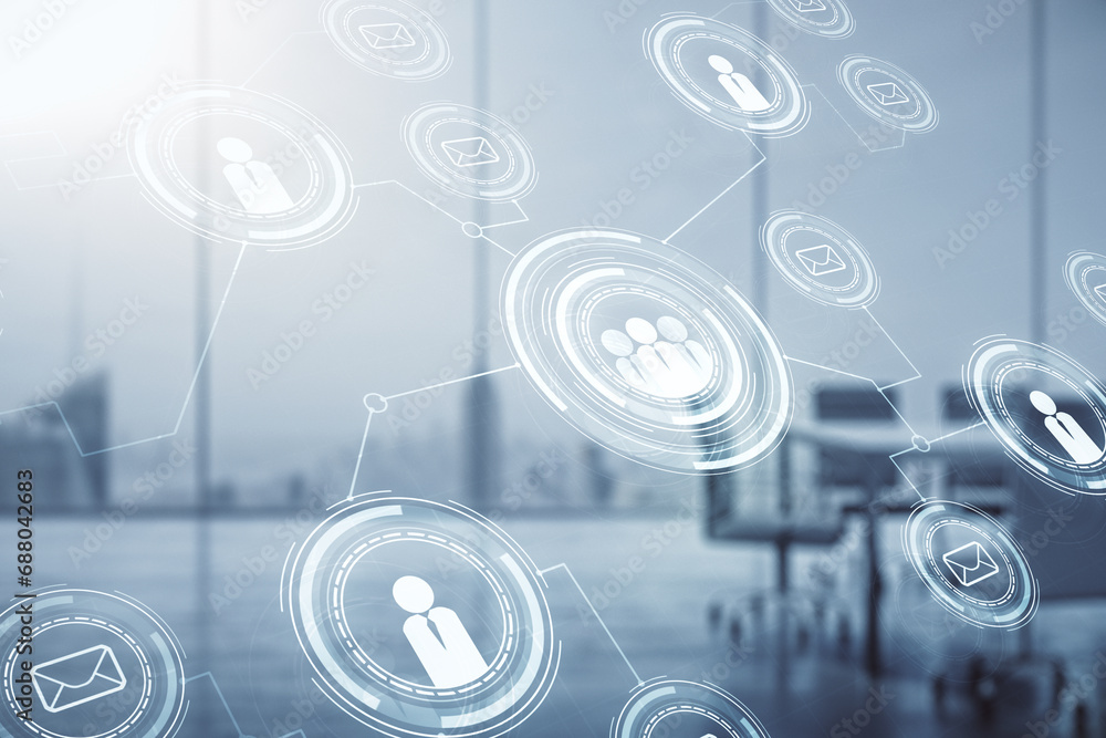 Poster double exposure of social network icons hologram on a modern boardroom background. networking concep