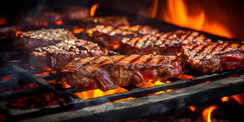 A grill with burgers and other food on it, Argentinian Parrilla Sizzling Steaks Blood Sausage Provoleta, Steaks on a grill with flames on the background, generative AI

 - obrazy, fototapety, plakaty