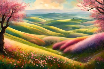 A panoramic view of a serene countryside painted with rolling hills and colorful blossoms in full bloom.