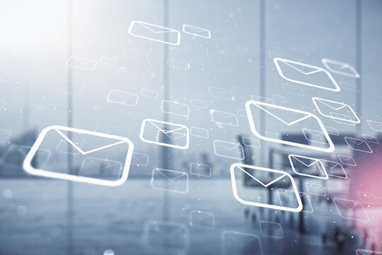 Abstract virtual postal envelopes hologram on a modern coworking room background, email and notification concept. Multiexposure