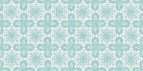 Aqua teal blue white vibrant watercolor batik azulejos tile border banner background. Seamless coastal blur linen effect geometric mosaic effect.Boho Patchwork nautical masculine summer ribbon trim. 