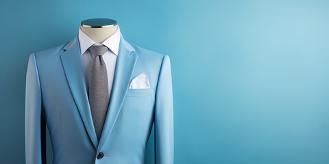 Elegant attire on a mannequin, featuring a sky-blue suit and a matching pocket square. - obrazy, fototapety, plakaty