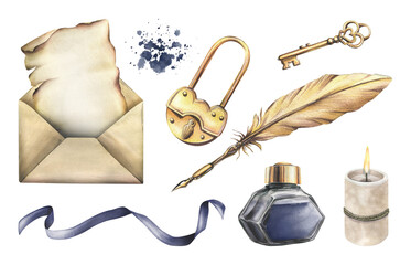 Writing supplies: papyrus paper in craft envelope, gold pen, ink in a glass jar, candles, key with lock, ribbon. Hand drawn watercolor illustration. Set of isolated elements on a white background.