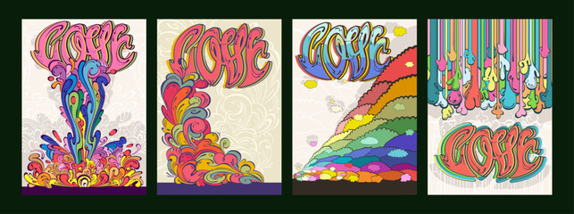 1960s Psychedelic Art Style Poster Backgrounds, Colorful Dynamic Shapes, Splashes and Clouds