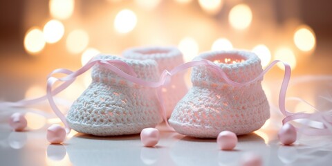 Soft pastel booties hint at the gentle joy and warmth of a newborn's arrival.