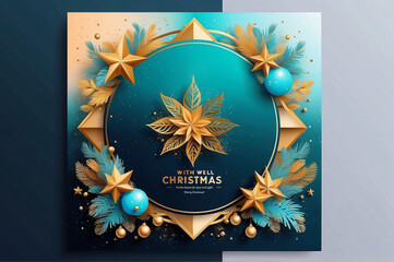 Christmas and New Year background. Xmas pine fir lush tree. golden gifts box. Glass Balls hanging on ribbon. Bright Winter holiday composition. 
Greeting card, banner, poster, Place for text, 3d style