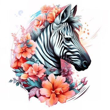 Image of a zebra head with colorful tropical flowers on clean background. Mammals. Wildlife Animals.