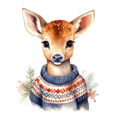 Generative AI, cute wild deer animal, Christmas hat and ugly sweaters, watercolor style.