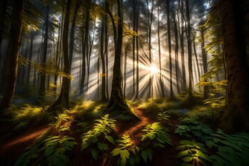 Obraz premium Sun rays piercing through a thick canopy, illuminating a serene, mist-covered forest floor dotted with vibrant wildflowers.