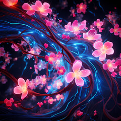 an abstract symphony featuring the neon glow of lights, cosmic influences, abstract sakura elements during nightfall