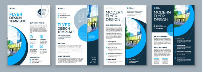 Blue Flyer Template Layout Design Set Corporate Business Annual Report Catalog Magazine Brochure Mockup Creative Modern Bright Concept Circle Round Blue Shape - obrazy, fototapety, plakaty