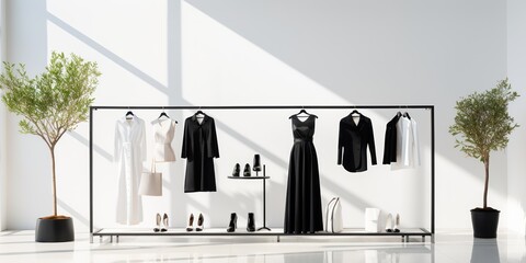 An airy boutique displays contemporary clothing in a chic, minimalist setting.