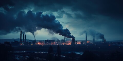 Industrial air quality station with billowing smoke at twilight.